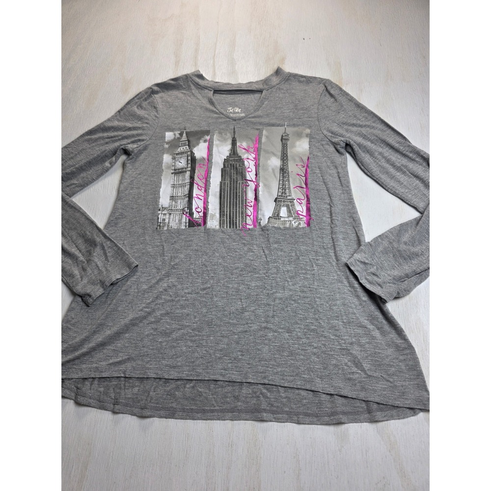 Justice Girls Gray Long Sleeve Graphic Tee London NY Paris Cutout Neck Size 14